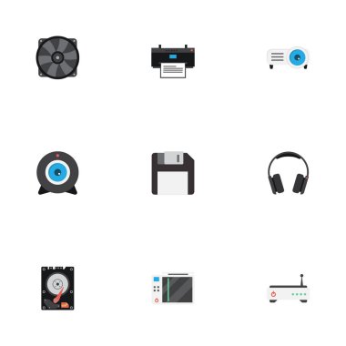Slot makinesi, Earphones, disket ve diğer vektör öğeleri düz. Defter düz simgeler kümesi de havalandırma, kulaklık, Fan nesneleri içerir.