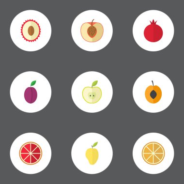 Düz Jonagold, kayısı, Kuru soğan ve diğer vektör öğeleri. Ayrıca portakal, kayısı, greyfurt nesneleri içeren küme tatlı düz sembolleri.