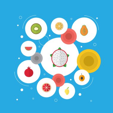 Garnet, Pitaya, narenciye ve diğer vektör öğeleri düz. Ayrıca Papaya, nar, kivi nesneleri içeren küme Berry düz sembolleri.