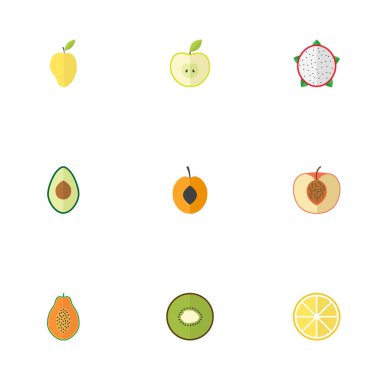Şeftali, papaya, limon ve diğer vektör öğeleri düz. Ayrıca kayısı, avokado, papaya nesneleri içeren küme tatlı düz sembolleri.