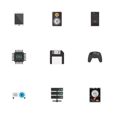 İşlemci, sistem birimi, Sabit Disk ve diğer vektör öğeleri düz. Defter düz simgeler kümesi de içerir gösterisi, Disk, işlemci nesne.