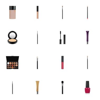 Gerçekçi kaş makyaj aracı, kozmetik sopa, kirpik mürekkep ve diğer vektör öğeleri. Yağlıboya gerçekçi simgeler kümesi de yüz, toz, göz nesneleri içerir.