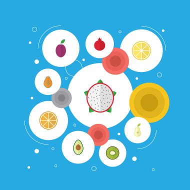 Düz egzotik tatlı, narenciye, Garnet ve diğer vektör öğeleri. Ayrıca kireç, papaya, armut nesneleri içeren küme Berry düz sembolleri.