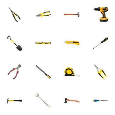 Gerçekçi makas, balta, pençe ve diğer vektör öğeleri. Araçlar gerçekçi simgeler kümesi de içerir Spanner, silindir, uzun nesneleri.