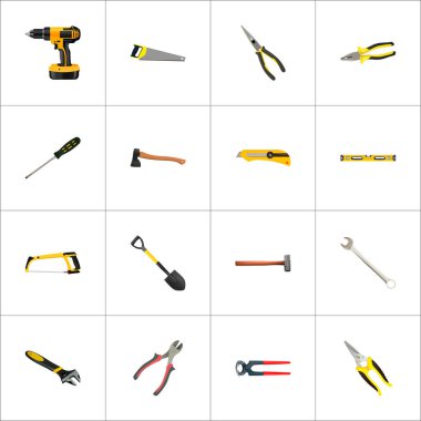 Gerçekçi makas, pense, kereste fabrikası ve diğer vektör öğeleri. Kit gerçekçi simgeler kümesi de balyoz, balta, yardımcı programı'nı nesneleri içerir.