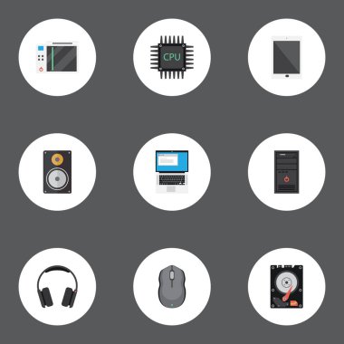Avuçiçi, Sabit Disk, işlemci ve diğer vektör öğeleri düz. Ayrıca amplifikatör, kulaklık, oyun nesneleri içeren küme defter düz sembolleri.