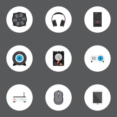 Düz kontrol cihazı, Sabit Disk, yönlendirici ve diğer vektör öğeleri. Pc düz simgeler kümesi de periferik, Web, Tablet nesneleri içerir.