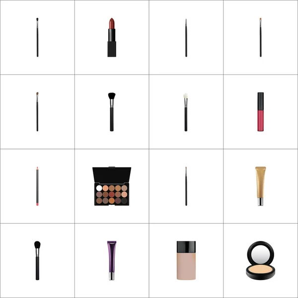 Realistiska Brow Makeup verktyg, mångfärgad palett, Make-Up produkt och andra Vector-element. Fettsmink realistiska symboler innehåller också färg, Pomade, hudvård objekt. — Stock vektor