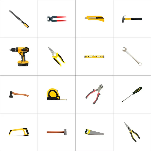 Pinzas realistas, tijeras, llaves y otros elementos vectoriales. Conjunto de instrumentos Símbolos realistas también incluye llave, Clippers, objetos de destornillador eléctrico . — Archivo Imágenes Vectoriales