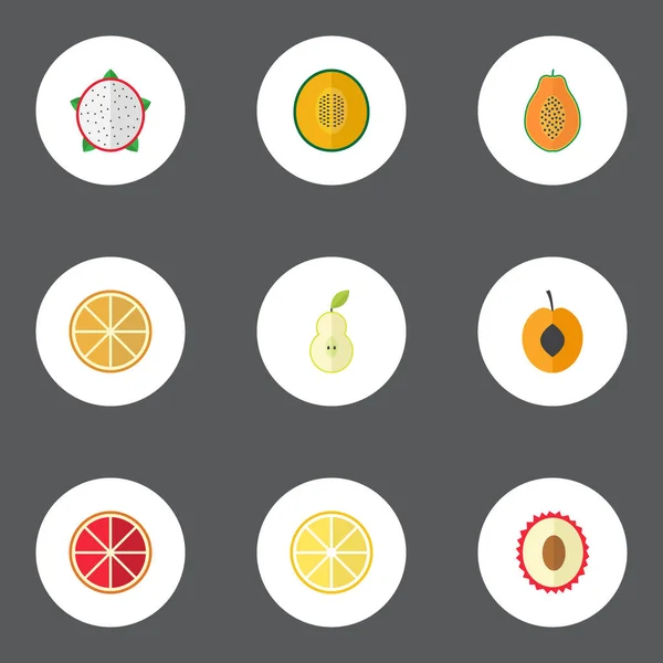 Citrus plano, Litchi, melón almizclero y otros elementos vectoriales. Conjunto de símbolos planos de bayas también incluye Pawpaw, Melón, Objetos de melón . — Vector de stock