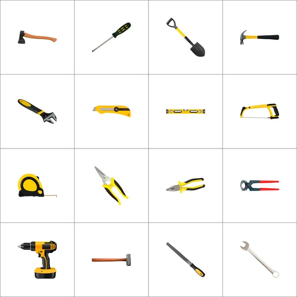 Reális hegyező, csavarkulcs, Maul és egyéb vektoros elemek. Kit reális szimbólumok is tartalmaz elektromos csavarhúzót, nyírás, Sledgehammer tárgyak. — Stock Vector