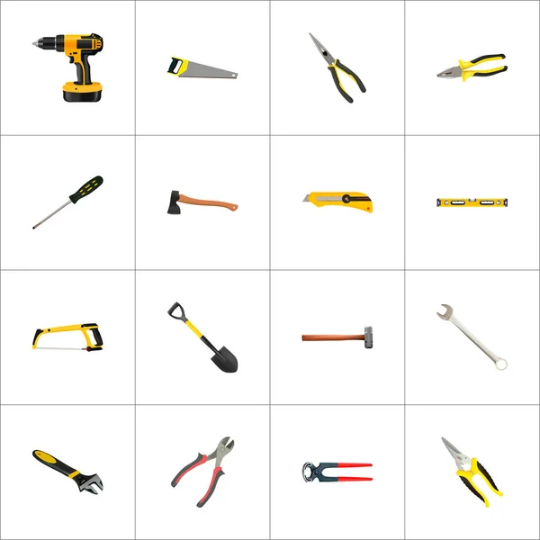 Realistiska sax, tång, sågverk och andra Vector-element. Uppsättning Kit realistiska symboler ingår även slägga, yxa, Utility objekt. — Stock vektor