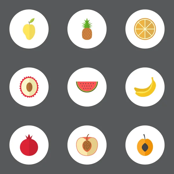 Fruta plana de la selva, Litchi, Nectarina y otros elementos vectoriales. Conjunto de símbolos planos de frutas también incluye piña, plátano, objetos de melón . — Vector de stock