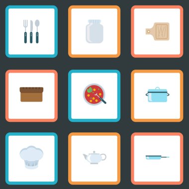 Düz Breadboard, et suyu, tava ve diğer vektör öğeleri. Gastronomi düz simgeler kümesi de şapka, çaydanlık, bıçak nesneleri içerir.