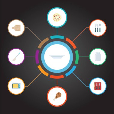 Düz tabak, çorba kaşığı, cam kap ve diğer vektör öğeleri. Gastronomi düz simgeler kümesi de Breadboard, mutfak, mikrodalga nesneleri içerir.