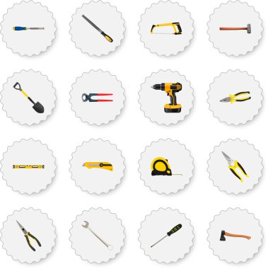 Gerçekçi Spanner, maşa, marangoz ve diğer vektör öğeleri. Kit gerçekçi simgeler kümesi de içerir tornavida, pense, kerpeten nesneleri.