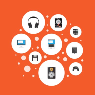 Düz ekran, avuçiçi, kulaklık ve diğer vektör öğeleri. Pc düz simgeler kümesi de denetleyicisi, ekran, Disk nesnelerini içerir.