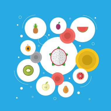 Düz Pitaya, kayısı, papaya ve diğer vektör öğeleri. Tatlı düz simgeler kümesi de içerir dilim, karpuz, Apple nesneleri.