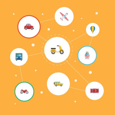 Düz Araba, uçak, Scooter ve diğer vektör öğeleri. Makine düz simgeler kümesi de Moped, tramvay, motosiklet nesneleri içerir.