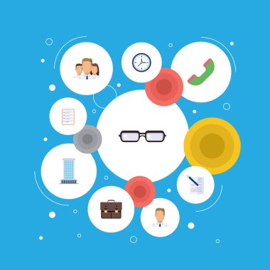 Düz telefon, grup, portföy ve diğer vektör öğeleri. İş düz simgeler kümesi de kalem, belge, sözleşme nesneleri içerir.