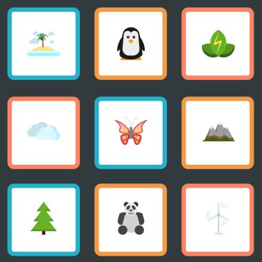 Elektrik Mill, güzellik böcek, ağaç ve diğer vektör öğeleri düz. Ayrıca hayvan, Ladin, doğa nesneleri içeren küme Eco düz sembolleri.