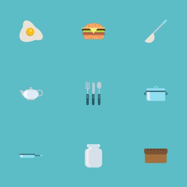 Fast Food, gümüş, cam kap ve diğer vektör öğeleri düz. Düz sembolleri pişirme seti de fırın, Kepçe, çatal nesneleri içerir.