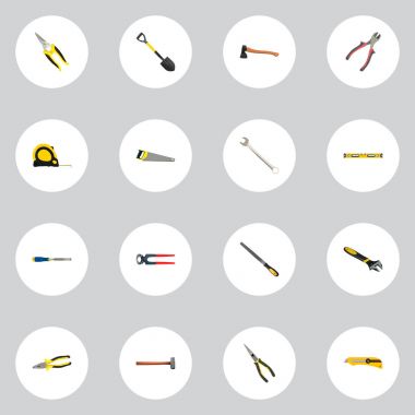 Gerçekçi demir testeresi, makas, uzunluğu rulet ve diğer vektör öğeleri. İnşaat gerçekçi simgeler kümesi de içerir inşaat, kerpeten, Roller nesneleri.