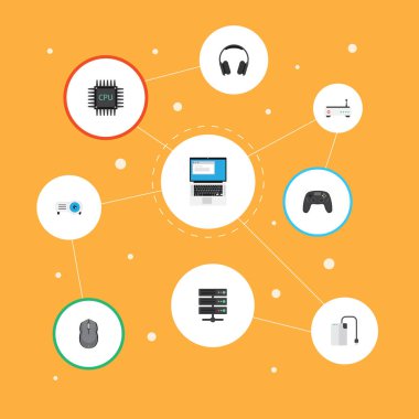 Düz kontrol cihazı, sunum, dizüstü bilgisayar ve diğer vektör öğeleri. Pc düz semboller ayrıca bilgisayar, sürücü, veritabanı nesneleri içerir.