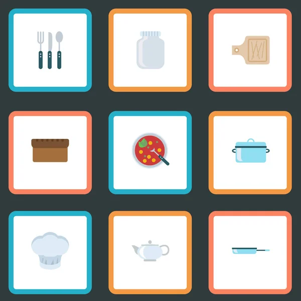 Placa de rosca plana, caldo, frigideira e outros elementos vetoriais. Conjunto de símbolos planos de gastronomia também inclui chapéu, bule, objetos de faca . — Vetor de Stock