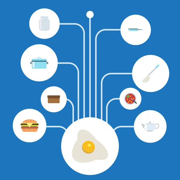 Cazuela plana, tortilla, sartén y otros elementos vectoriales. El sistema de símbolos planos de la comida también incluye hamburguesa, rápido, objetos de la olla . — Archivo Imágenes Vectoriales