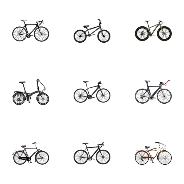 Ciclismo extremo realista, Velocipedo híbrido, Equitación de ejercicio y otros elementos vectoriales. Set de Símbolos Realistas de Bicicletas También Incluye Bicicleta, Entrenamiento, Objetos Extremos . — Vector de stock