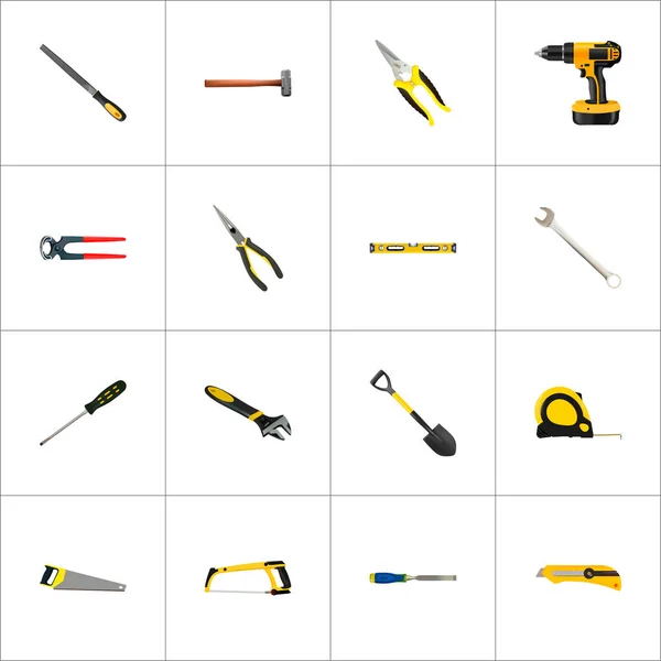 Pinces réalistes, menuisier, scie à bras et autres éléments vectoriels. Ensemble d'outils symboles réalistes comprend également bande, scie, pinces objets . — Image vectorielle