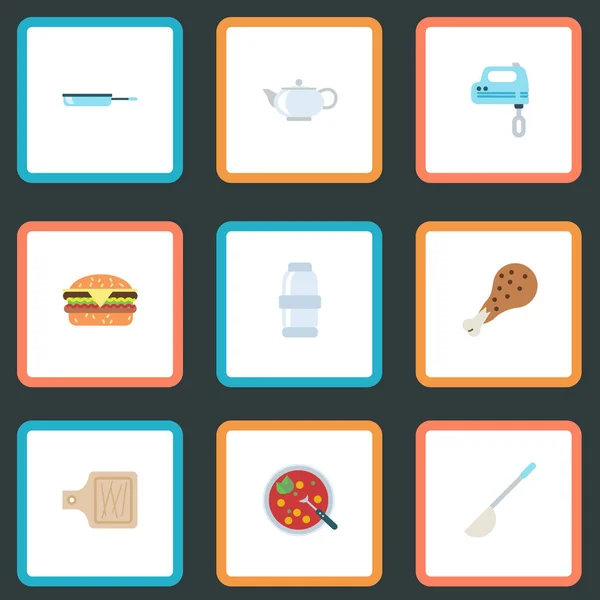 Lapos kenyérvágódeszka, teáskanna, serpenyőben, és vektoros elemeivel. A konyha lapos szimbólumok is tartalmaz húslevest, Mixer, sütés tárgyak. — Stock Vector