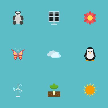 Düz gün ışığı, elektrik Mill, güneş güç ve diğer vektör öğeleri. Eco düz simgeler kümesi de kuş, Panda, güzel nesneler içerir.