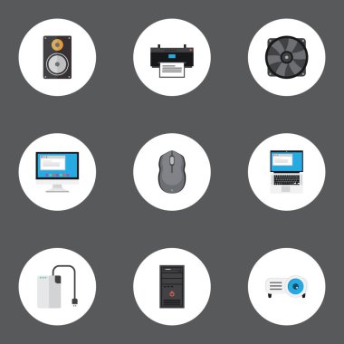 Düz kontrol cihazı, Laptop, sunum ve diğer vektör öğeleri. Dizüstü düz simgeler kümesi de havalandırma, görüntüleme, yazdırma nesneleri içerir.