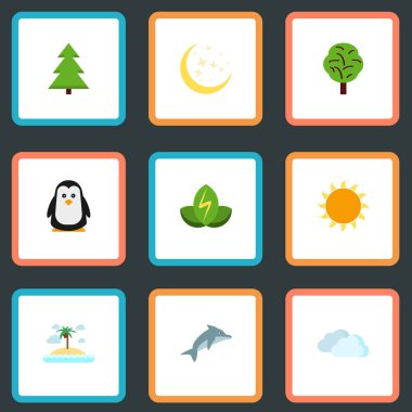 Eko enerji, oynak balık, Isle Beach ve diğer vektör öğeleri düz. Yeşil düz simgeler kümesi de içerir kuş, çevre, enerji nesneleri.