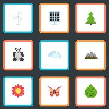 Düz ağaç, peyzaj, güzellik böcek vektör öğeleri. Eco düz simgeler kümesi de Fotoselli, çiçek, Ladin nesneleri içerir.