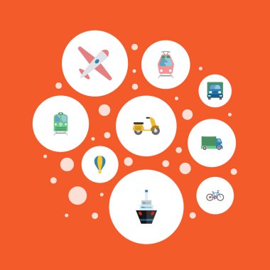 Zeplin, kamyon, tekne ve diğer vektör öğeleri düz. Araç düz simgeler kümesi de içerir tramvay, tramvay, balon nesneleri.