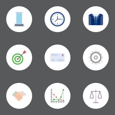 Düz zarf, el sıkışma, karikatür vektör öğeleri. İş düz simgeler kümesi de posta, izle, Cog nesneleri içerir.