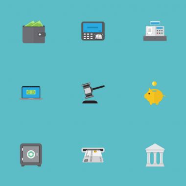 Para Kasası, cüzdan, kasa ve diğer vektör öğeleri düz. Ticaret düz simgeler kümesi de içerir çanta, karar, tasarruf nesneleri.