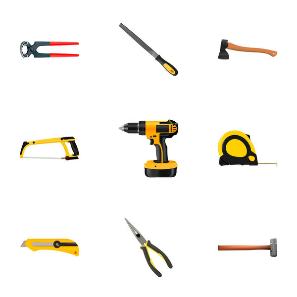 Realistic Length Roulette, Sharpener, Nippers And Other Vector Elements. Set Of Construction Realistic Symbols Also Includes Sledgehammer, Nippers, Drill Objects.