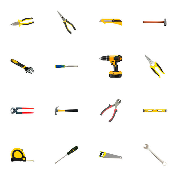 Realistic Spanner, Nippers, Carpenter And Other Vector Elements. Set Of Tools Realistic Symbols Also Includes Carpenter, Stationery, Chisel Objects.