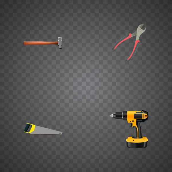 Realistic Hacksaw, Forceps, Electric Screwdriver And Other Vector Elements. Set Of Construction Realistic Symbols Also Includes Tool, Saw, Electric Screwdriver Objects. — Stock Vector