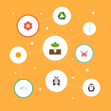 Kutup kuş, elektrik Mill, koruma ve diğer vektör öğeleri düz. Çevre düz simgeler kümesi, ayrıca bitki, Panda, geri dönüşüm nesneleri içerir.