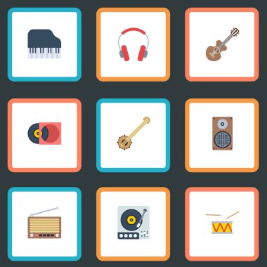 Düz pikap, akustik, Retro disk ve diğer vektör öğeleri. Stüdyo düz simgeler kümesi de hoparlör, Banjo, disk nesneleri içerir.