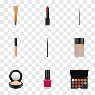 Gerçekçi kapatıcı, allık, çok renkli palet ve diğer vektör öğeleri. Kozmetik gerçekçi simgeler kümesi de kaş, fırça, çivi nesneleri içerir.