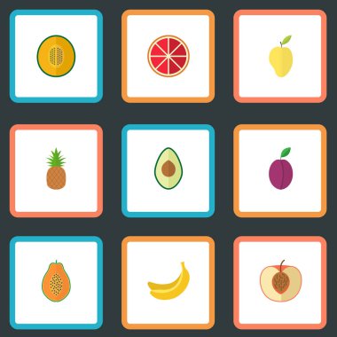 Alligator Armut, kavun, şeftali ve diğer vektör öğeleri düz. Tatlı düz simgeler kümesi de şeftali, armut, Mango nesneleri içerir.