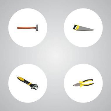 Gerçekçi pense, demir testeresi, isabet vektör öğeleri işlemek. Kit gerçekçi simgeler kümesi de demir testeresi, Sledge, maşa nesneleri içerir.