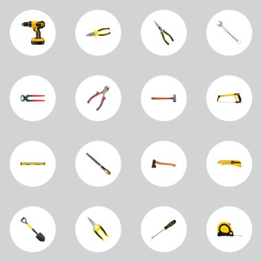 Gerçekçi makas, Spade, anahtar ve diğer vektör öğeleri. Araçlar gerçekçi simgeler kümesi de içerir balta, teyp, pense nesneleri.