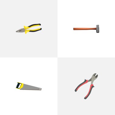 Gerçekçi pense, tutamacı isabet, forseps vektör öğeleri. Kit gerçekçi simgeler kümesi de kereste fabrikası, kerpeten, testere nesneleri içerir.